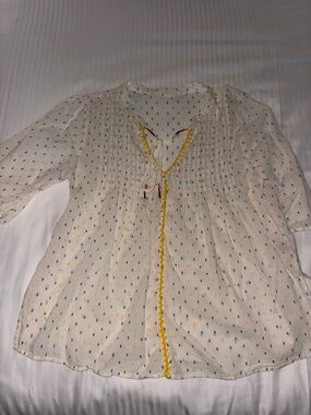 Women's Ivory Dot Peasant Blouse with Yellow Trim